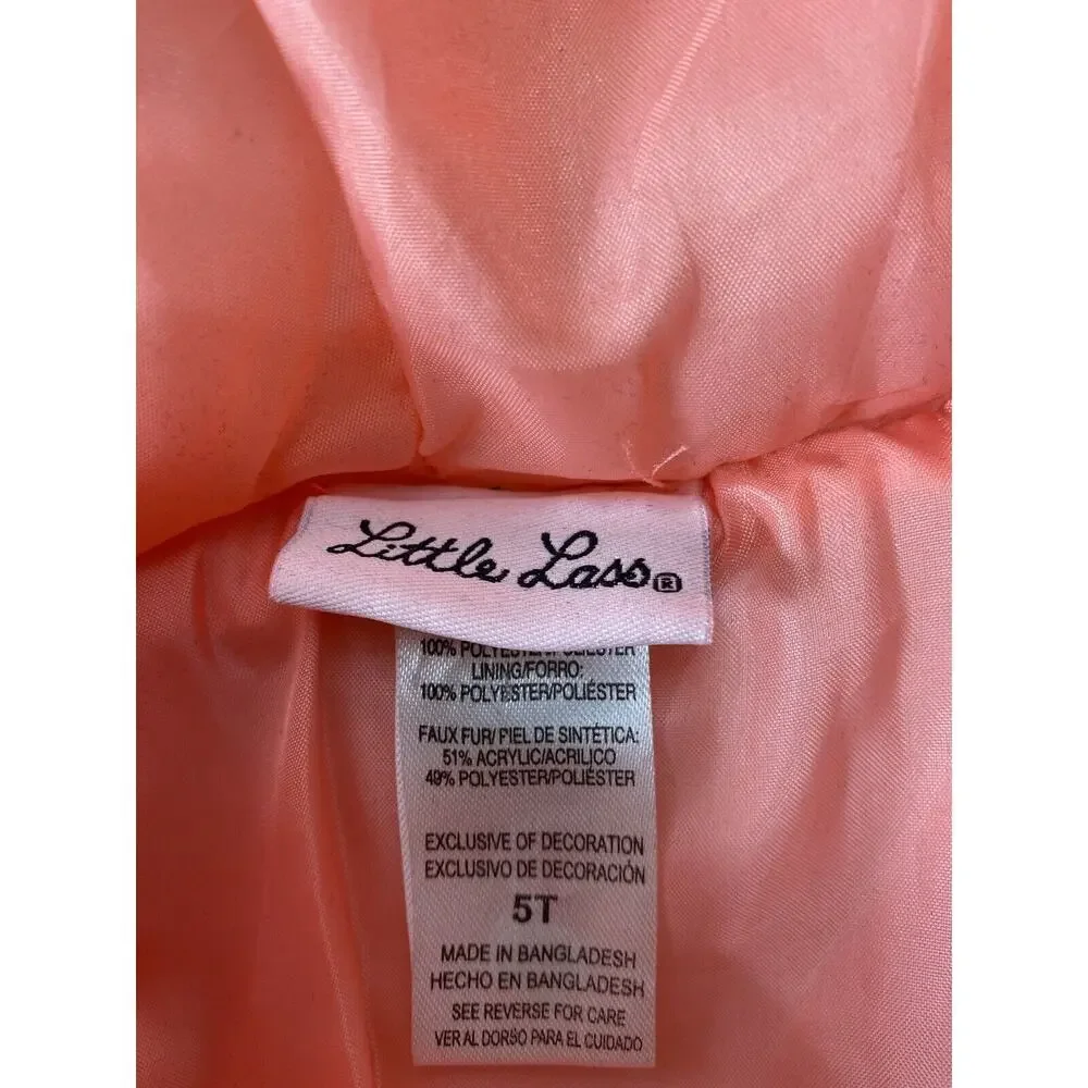 Little Lass Girls 5T Unicorn Puffer Vest Pink Faux Fur Hood Silver Toggles